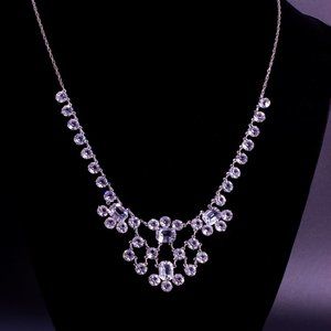 Vintage Edwardian Style Sterling Cubic Zirconia Bib Princess Bridal Necklace 17"